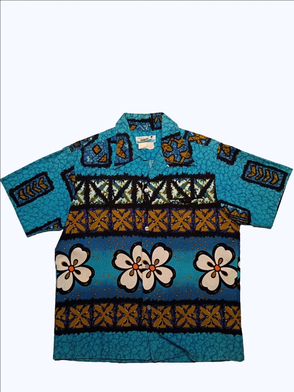 60's Men Vintage Hawiian Short-Sleeve Button-Up Shirt Barkcloth M/L